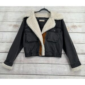 We The Free Denim Jacket Women S Black Sherpa Lined Cropped Hooded OB1229990